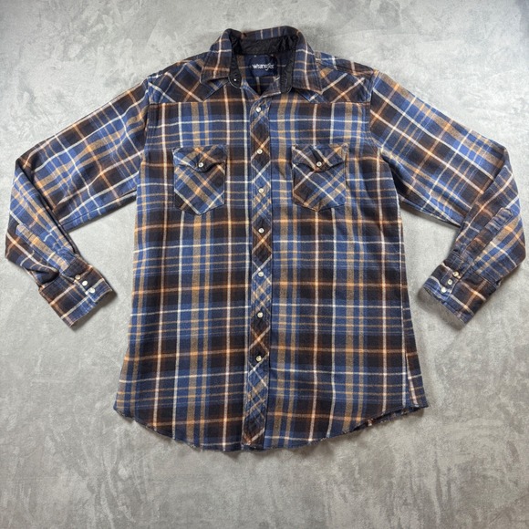 Wrangler Other - Wrangler Mens Blue Brown Plaid Western Pearl Snap Flannel Shirt Large Long Slv